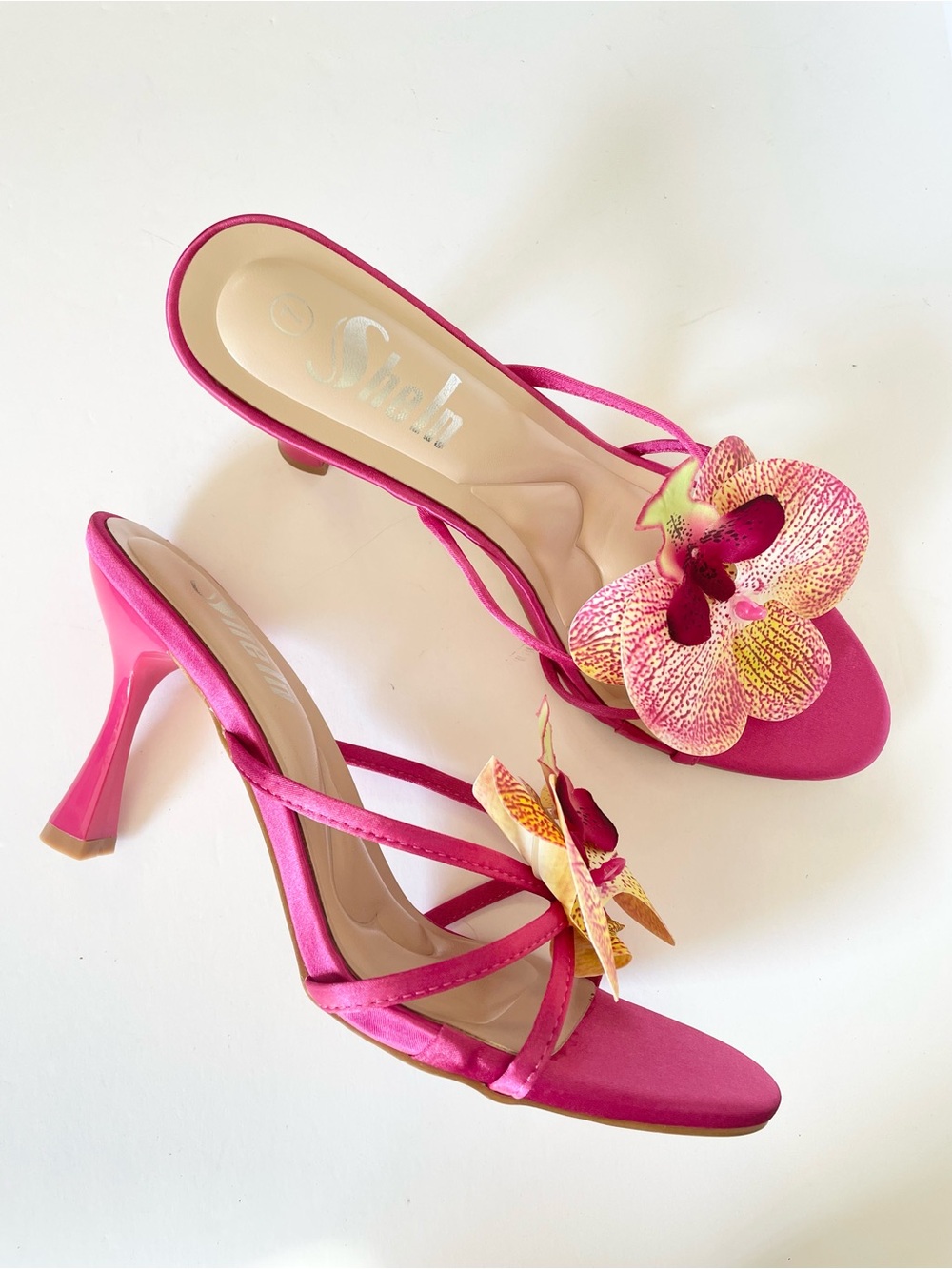 NEW Strappy Orchid Embellished Medium Height Heels in Pink